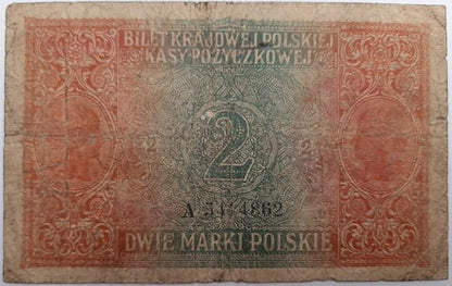 Banknot 2 marek polskich 1916 r. stan 4 jenerał
