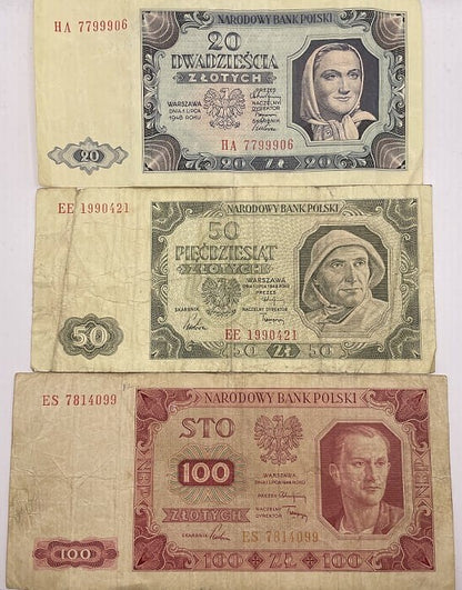 Banknoty 20 zł 50 zł 100 zł zestaw 1948